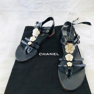 CHANEL Camellia Leather Thong Sandals Black